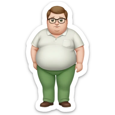 Peter Griffin from Family Guy with a pregnant belly, green pants, white shirt, glasses, and double chin sticker