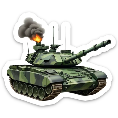 T-90M (2022) – Cinematic-realistic T-90M tank, its angular black and green camouflage slicing through a muddy battlefield. The reactive armor panels gleam under missile flashes, and its remote-controlled machine gun turret swivels as it advances through a smoldering village, leaving deep tracks in the scorched earth. sticker