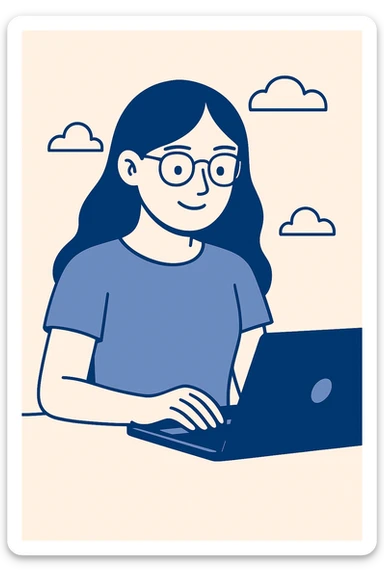 Make the girl smile, keep her long hair and glasses, focused on work, clean modern illustration style with soft and clear lines, balanced colors, and a professional atmosphere. sticker