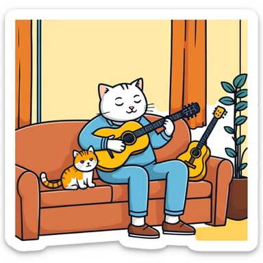  old blind man playing guitar  on the couch with his golden cat  sticker