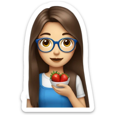 Glasses girl with long brown hair with blue in between hair eating chocolate strawberry sticker