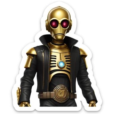 battle rough and tough c3Po wearing Satan’s leather biker outfit with guns hat on head. walking sticker