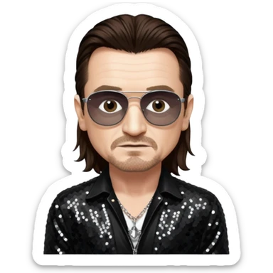 Bono from U2 with long dark brown hair, black sequin outfit  sticker