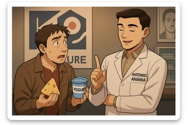 fai un webtoon manga a colori con questo stile, in cui un uomo fa una domanda al kinesiologo con il camice bianco (fagli anche la scritta "ANTONIO ANANIA" SUL CAMICE, l'uomo chiede una cosa mostrando un formaggio e uno yogurt al kinesiologo con il camice, IL KINESIOLOGO annuisce e SPIEGA ALL'UOMO UNA cos. L'UOMO ha un ESPRESSIONE CONFUSA IN VOLTO. non fare i fumetti però, fai solo in modo che sembri stiano parlando sticker