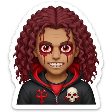 Vampire wearing black hoodie with a skull logo on it, long curly hair, brown skin, fanged teeth, blood under eye sockets/forehead, piercings on eyebrows, long curly hair with a patch (section) of red and blood on hands sticker