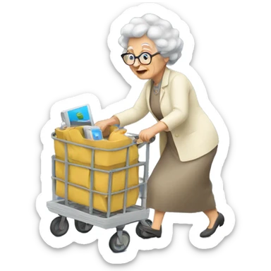 Granny pushing a cart full of hight tech devices sticker