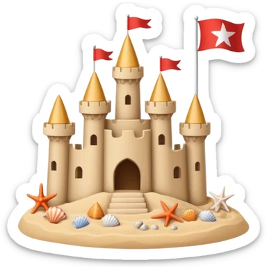 Decorated sand castle – seashells and a tiny flag on top sticker