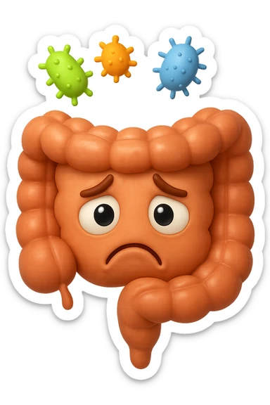 EMOJI STILE IPHONE 3D DI INTESTINO 3D CON ESPRESSIONE TRISTE  IN VOLTO MENTRE SOPRA LUI FLUTTUANO BATTERI, FAGLI ANCHE LA PARTE BIANCA DEGLI OCCHI, NON SOLO LA PUPILLA sticker