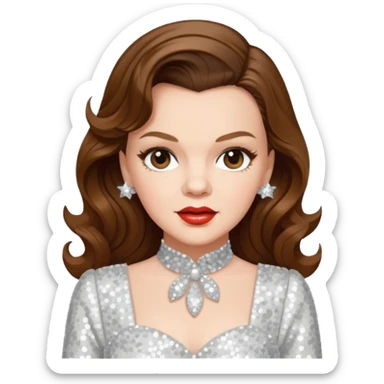 Judy Garland with long brown hair, white sequin outfit sticker