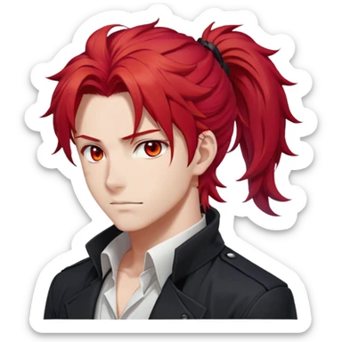 Handsome gorgeous anime man with bright-red hair, thick long messy wavy ponytail, red eyes, white shirt, black jacket, stone face, Diluc from Genshin Impact sticker