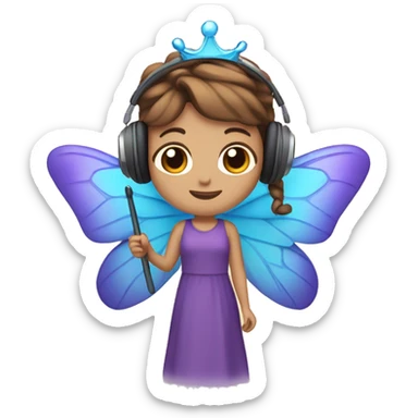 A character with brown hair, purple dress, blue butterfly wings, crown, headphones, and a wand sticker