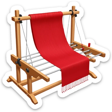 rigid heddle weaving loom set up for weaving a bright red scarf, with red yarn on a stick shuttle laying across the warp threads sticker