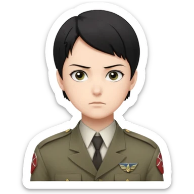 short black neat hair, sharp dark gray eyes, pale skin, serious expression, upright posture, minimal accessories, sharp and precise style. Levi Ackerman  sticker