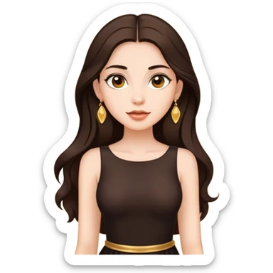 Beautiful woman,cute, long dark brown hair in dark dress with gold earrings sticker