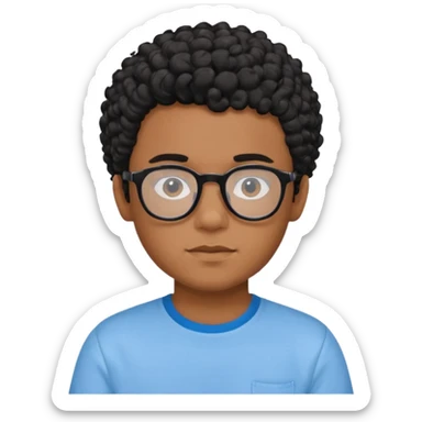 Menino moreno com cabelo curto cacheado preto, de óculos preto e blusa azul sticker
