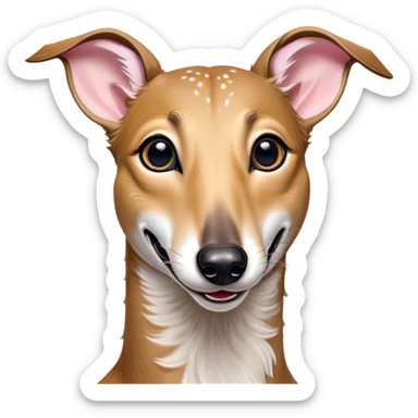 Cinematic Comical Fawn Greyhound Portrait Emoji, Head tilted dramatically with an exaggeratedly amused expression, featuring a striking fawn Fur with subtle elegance, wide, expressive eyes filled with playful disbelief, Simplified yet hilariously expressive features, highly detailed, glowing with a slightly sassy glow, high shine, dramatic yet playful, stylized with an air of cheeky charm, bright and endearing, soft glowing outline, capturing the essence of a spirited and over-the-top racer, so meme-worthy it feels like it could side-eye its way into internet fame instantly! sticker