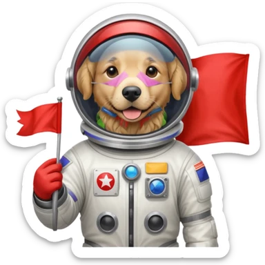 golden retriever standing in space suit holding red rectangle flag sticker