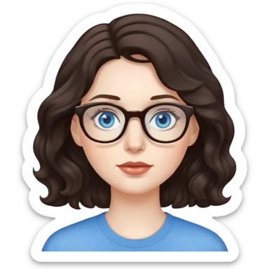 woman with pale skin, dark brown wavy hair, blue eyes and glasses sticker