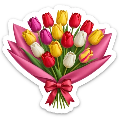 bouquet of many tulip with bow and yellow wrapping paper sticker