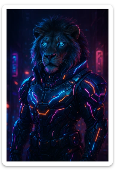 a lion in a cyberpunk suit with neon accents and futuristic details, cyberpunk style, vibrant neon colors, high-tech armor sticker