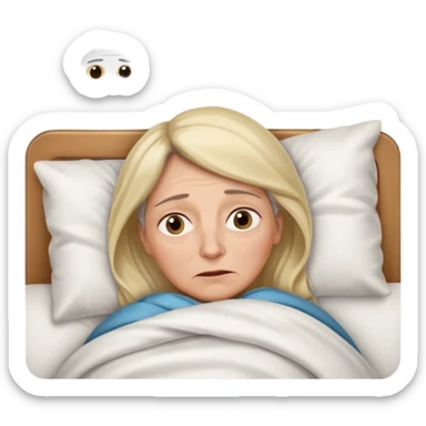 A 55-year-old woman lying in bed, unable to sleep. She looks exhausted and desperate, with visible dark circles under her eyes, tired facial expression. She is under the blankets, staring at the ceiling.  sticker