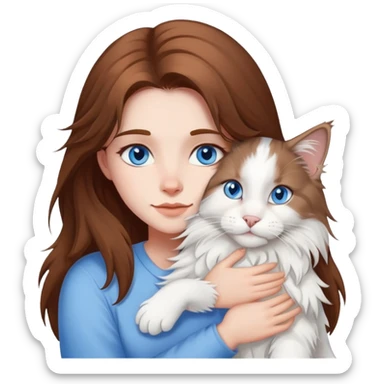 brown hair girl blue eyes hugging a white Maine Coon sticker