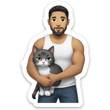 tall big Asian Pilipino man with big muscular calves, beard and man bun holding a cat that is grey and black sticker