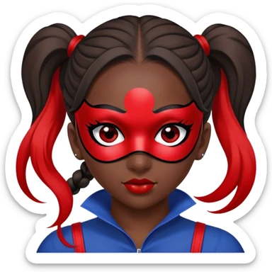 À girl with 2 ponytails, her hair are dark blue, she as a mask red with black point on her eyes and a combinaison red with black point sticker