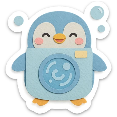 chibi washing machine-penguin hybrid, spinning soap bubbles, happy face, pastel blue, full-body sticker
