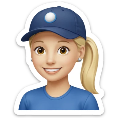 blond woman, pony tail, ball cap sticker