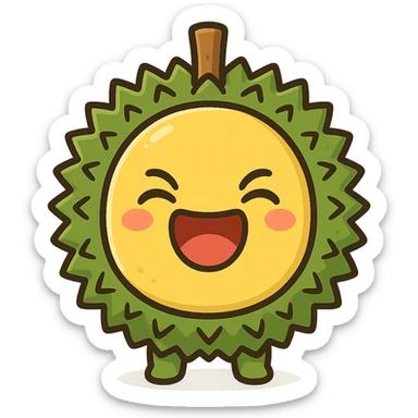 chibi style round durian character with green spiky shell and yellow flesh, laughing with eyes closed and mouth wide open, kawaii style, full-body sticker