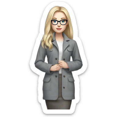 full height pale skin woman with cold blonde straight hair, care haircut, White blouse, Gray oversize jacket, Gray skirt and metal glasses holding a color palette in the hands sticker