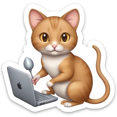A cat with a mouse in its hand, computer mouse and a design sticker