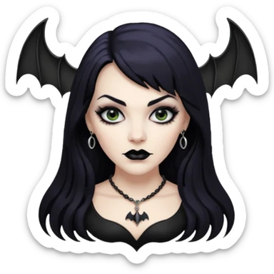 vampira mulher branca com cabelo preto longo com franja acima da sobrancelha e lábios com batom preto com colar preto e pingente de morcego preto sticker
