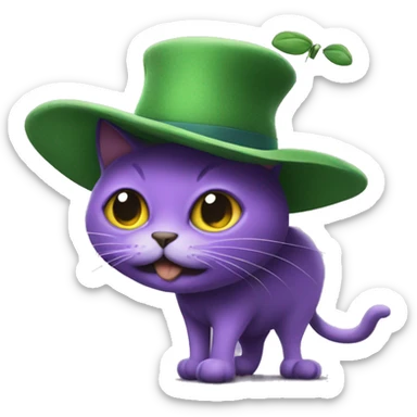 Violet cat shaped like a pest with a big Green hat  sticker