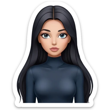 Glamours, tanned, very beautiful girl, with big pump peach-beige-rose lips, long long lashes, black straight smooth silky long hair, straight parting hair, blue-grey eyes in black long-sleeves bodysuit sticker