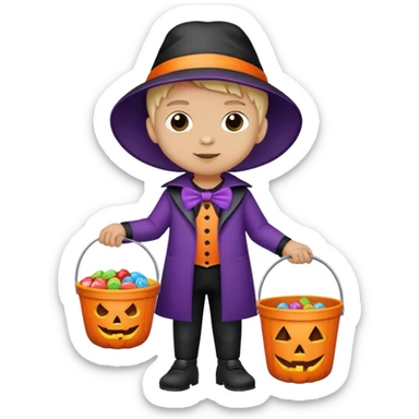 child trick-or-treating in a Halloween costume, holding a candy bucket sticker