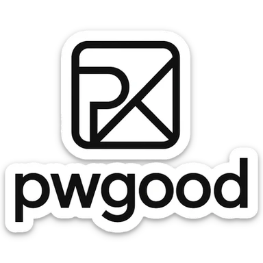 minimalist logo for 'pwgood' featuring an abstract symbol with clean lines, black and white color scheme sticker