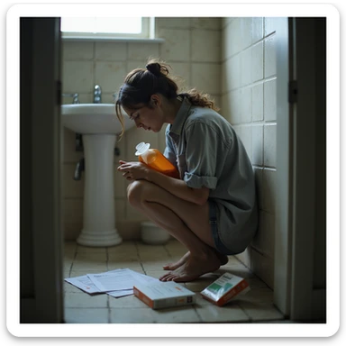 hyperrealistic 4K image of a woman crouched near the bathroom sink, holding a hot water bottle, medical reports with 'Crohn' and discarded biologic drug box on the floor, expression of pain and exhaustion, hyperrealistic atmosphere sticker