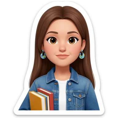 Woman with straight long brunnette hair, light skin, she is using a denim jacket with a white shirt and funky earrings and she is carrying books sticker