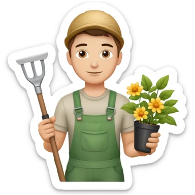 young white male gardener with gardening tools sticker
