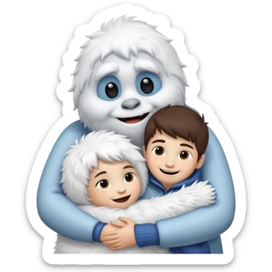 Abominable Snowman hugging a little person, emoji style sticker