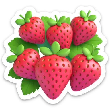 Turn this illustration of two strawberries with green leaves and a pink bow into a 3D style image, keeping the cute and vibrant look, with a soft pink background. Make the strawberries and bow appear three-dimensional and glossy. sticker