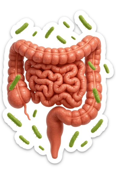 intestino umano anatomico con qualche batterio intestinale che gli fluttua intorno, ISOLATO SU SFONDO BIANCO sticker
