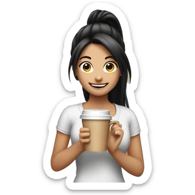 smiling girl with long black hair ponytail standing with a coffee in her hands sticker