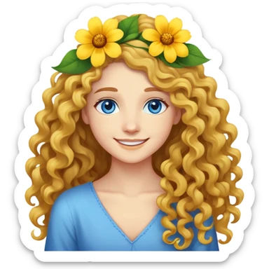 Pretty long curly hair blue eyes nice smile yellow flower in hair  sticker