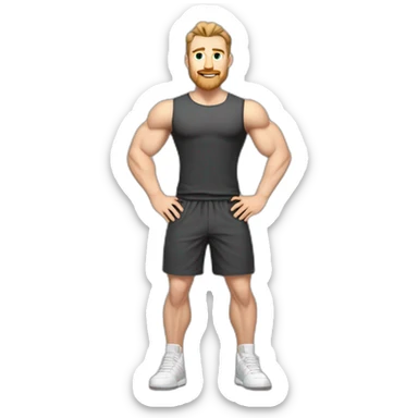 Full height Pale skinned muscular man With Realistic eyes and mouth, light brown hair and stubble In dark gray sleeveless mike, black oversize sports shorts, watch and white sneakers. sticker