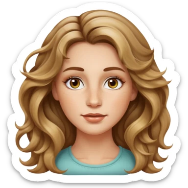 creative women with long dark Blond with highlights wavy hair white women, oval shape face hazel eyes long lashes freckles on the nose high cheek bones sticker