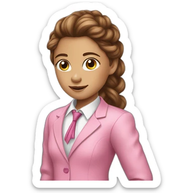 long brown curly pony tail girl wearing pink suit pointing sticker