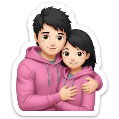 generate a pretty bratz fair skinned boy with messy black hair in a grey hoodie. Hugging his girlfriend who is wearing pink. Make him muscled sticker